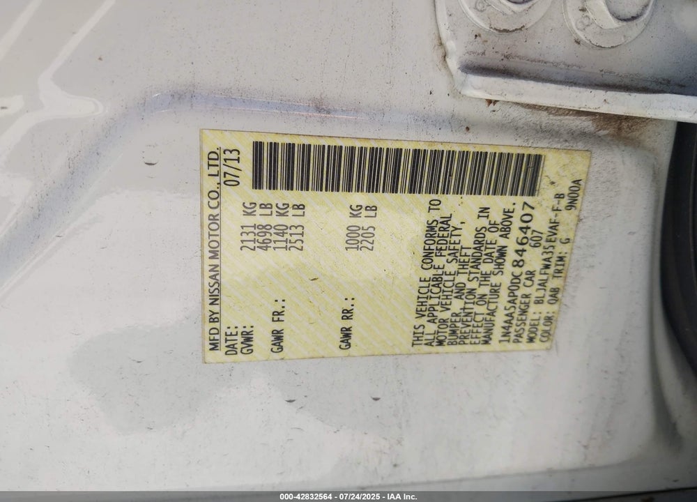 2013 NISSAN MAXIMA VIN: 1N4AA5AP0DC846407