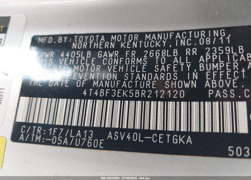 2011 TOYOTA CAMRY VIN: 4T4BF3EK5BR212120