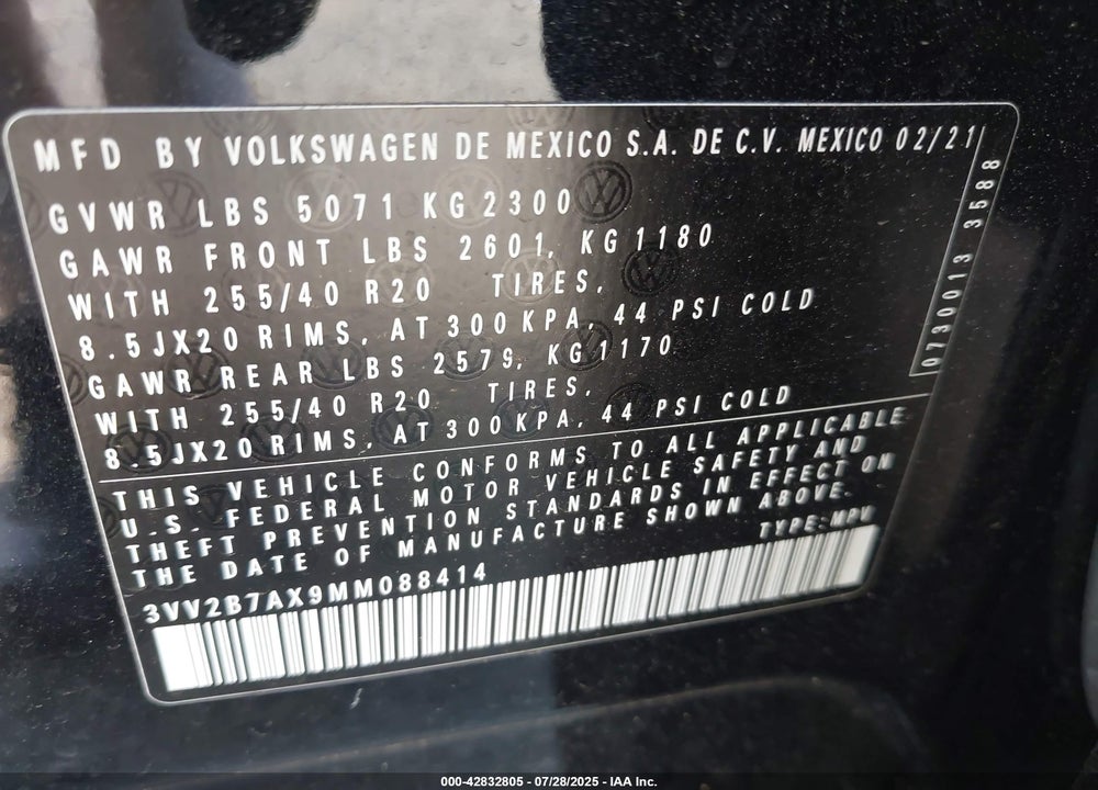 2021 VOLKSWAGEN TIGUAN VIN: 3VV2B7AX9MM088414