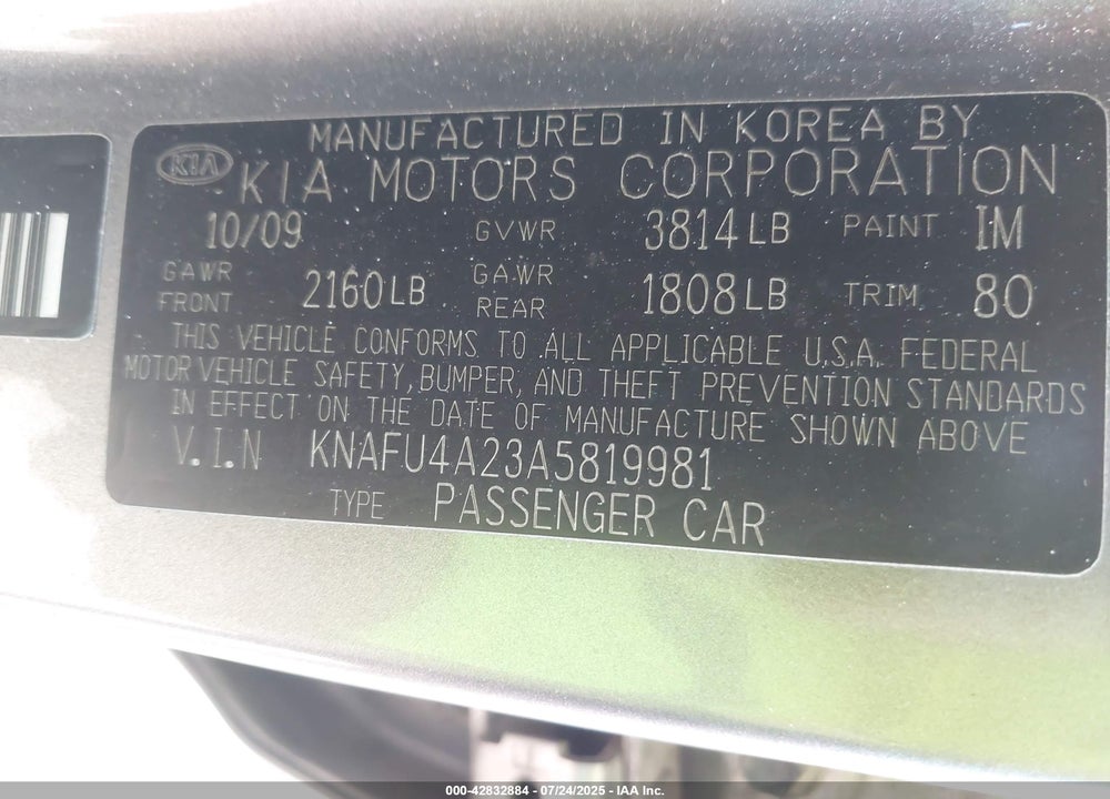 2010 KIA FORTE VIN: KNAFU4A23A5819981