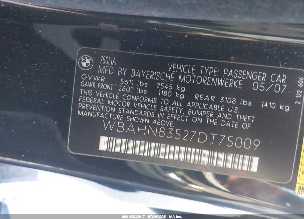 2007 BMW 750LI VIN: WBAHN83527DT75009