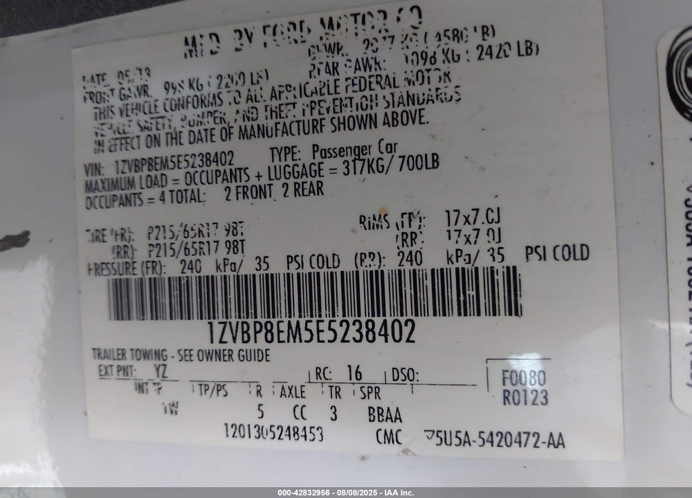 2014 FORD MUSTANG VIN: 1ZVBP8EM5E5238402