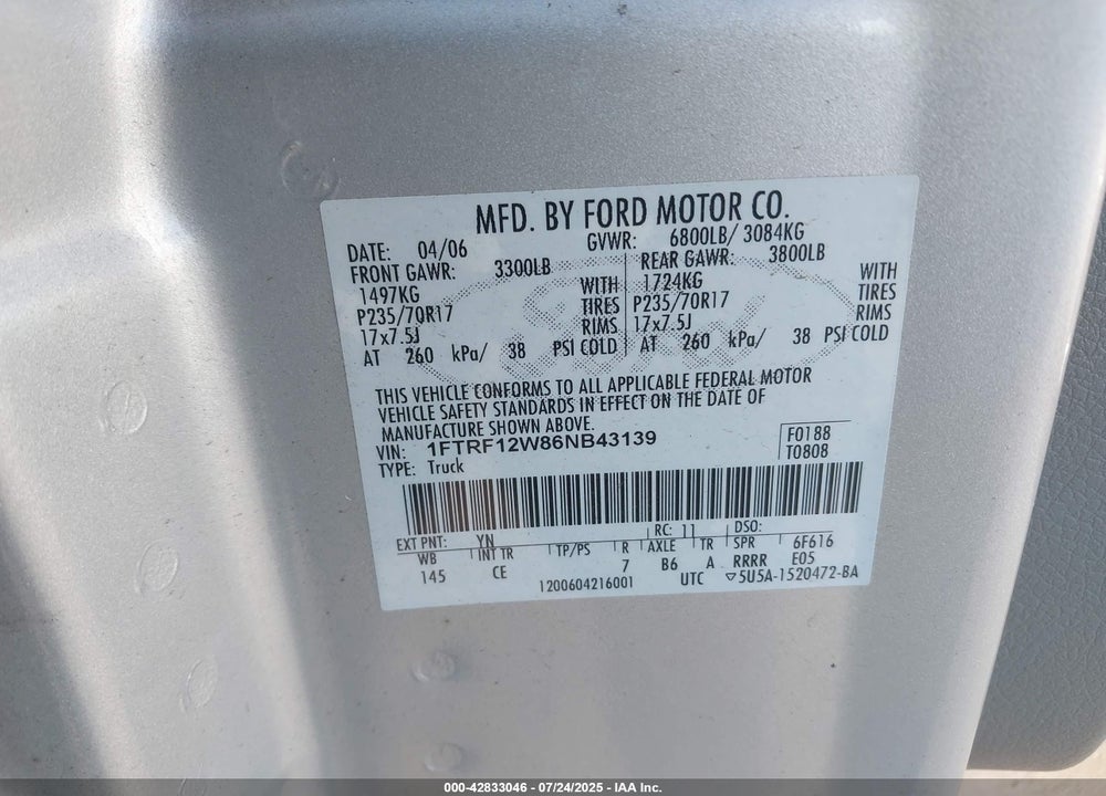 2006 FORD F-150 VIN: 1FTRF12W86NB43139