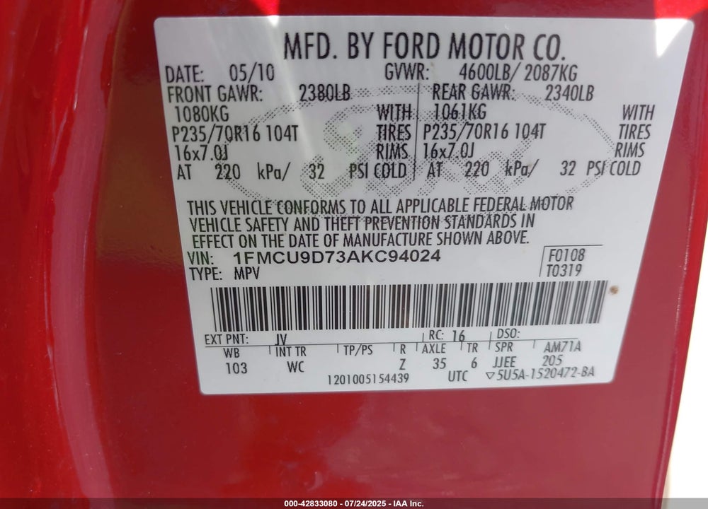2010 FORD ESCAPE VIN: 1FMCU9D73AKC94024