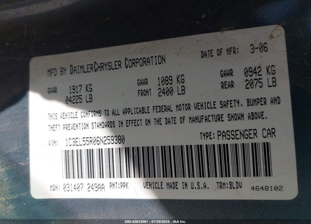 2006 CHRYSLER SEBRING VIN: 1C3EL55R06N259380