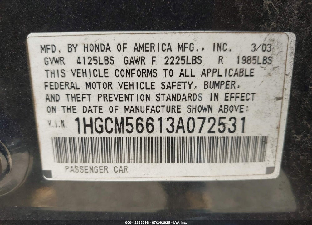 2003 HONDA ACCORD VIN: 1HGCM56613A072531