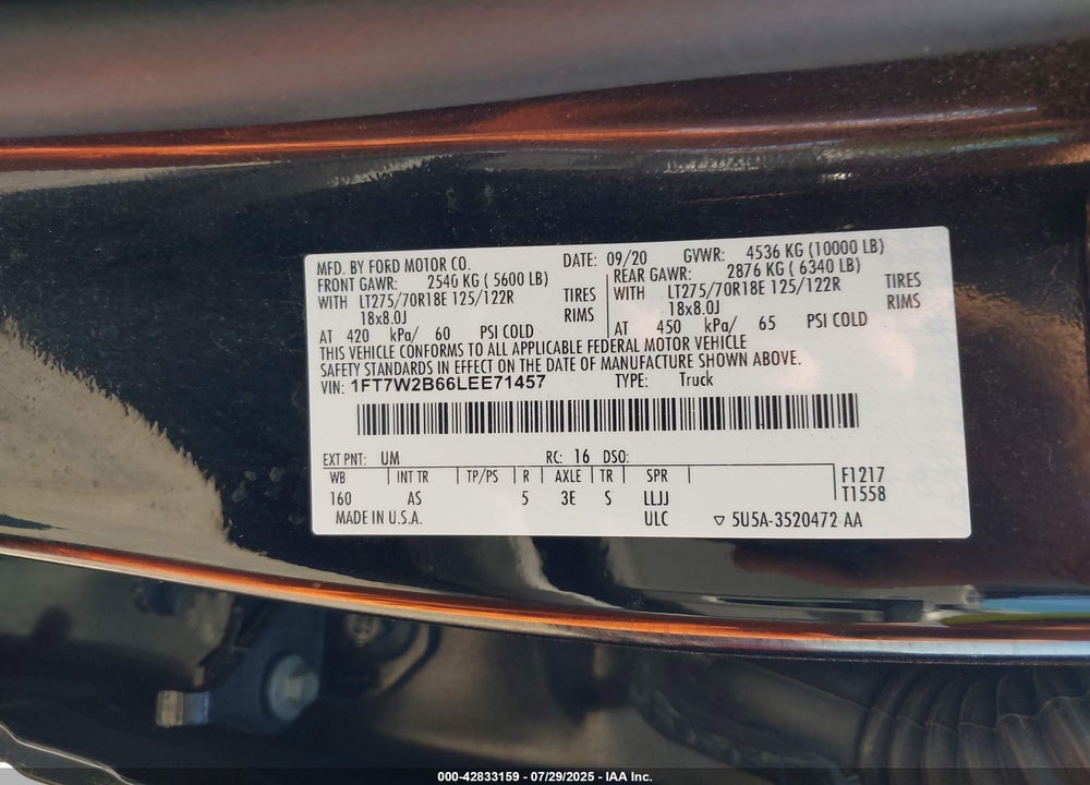2020 FORD F-250 VIN: 1FT7W2B66LEE71457