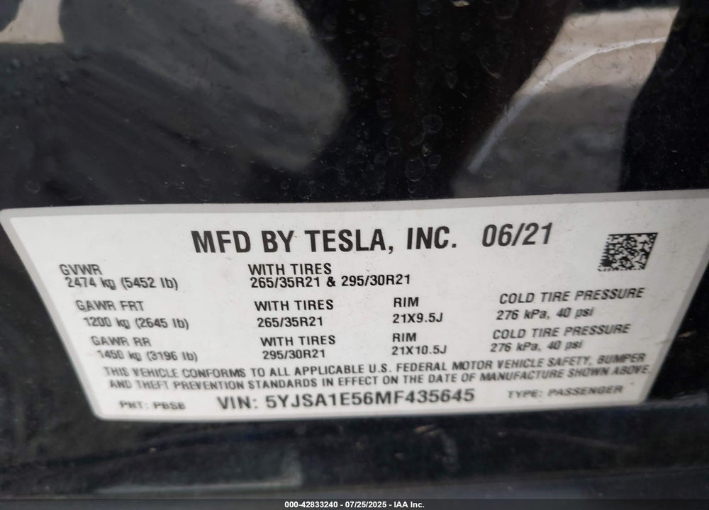 2021 TESLA MODEL S VIN: 5YJSA1E56MF435645