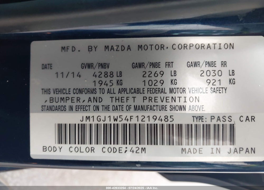 2015 MAZDA 6 VIN: JM1GJ1W54F1219485