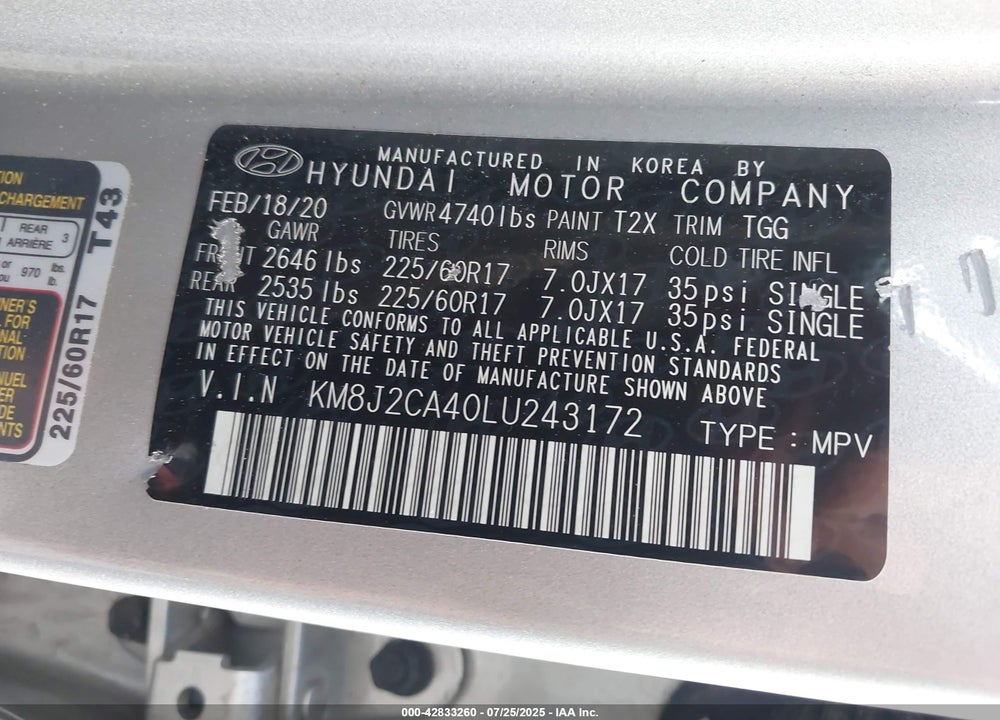 2020 HYUNDAI TUCSON VIN: KM8J2CA40LU243172