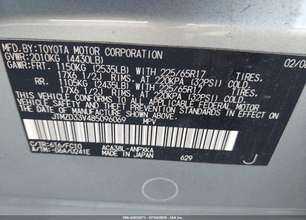 2008 TOYOTA RAV4 VIN: JTMZD33V485096069