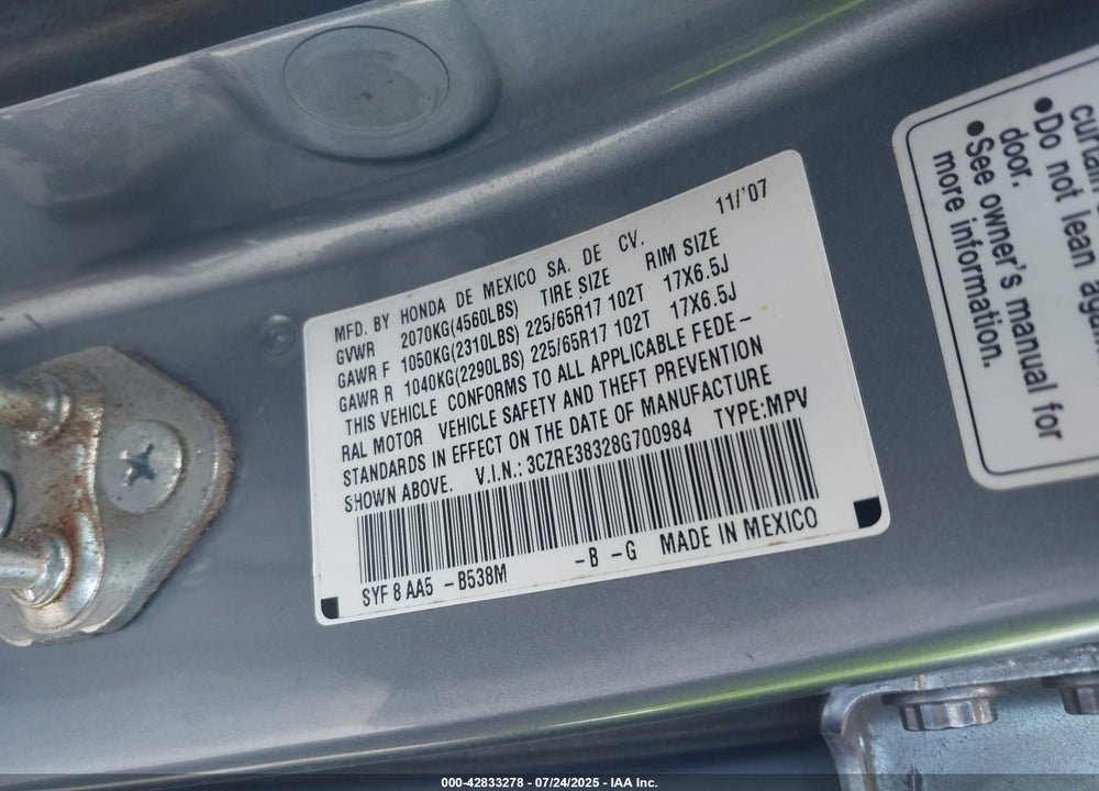 2008 HONDA CR-V VIN: 3CZRE38328G700984