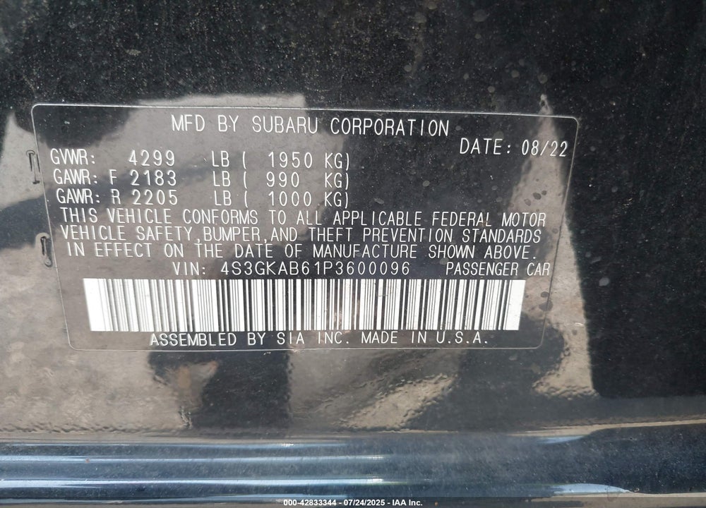 2023 SUBARU IMPREZA BASE VIN: 4S3GKAB61P3600096
