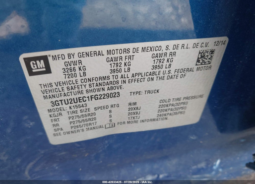 2015 GMC SIERRA 1500 VIN: 3GTU2UEC1FG229023