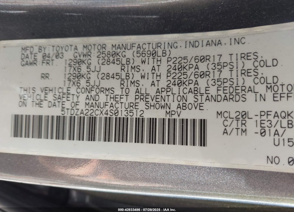 2004 TOYOTA SIENNA VIN: 5TDZA22CX4S013512
