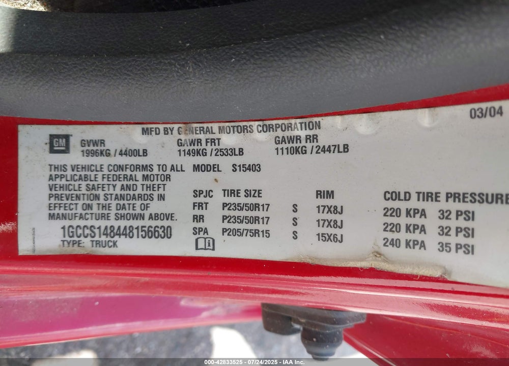 2004 CHEVROLET COLORADO LS VIN: 1GCCS148448156630