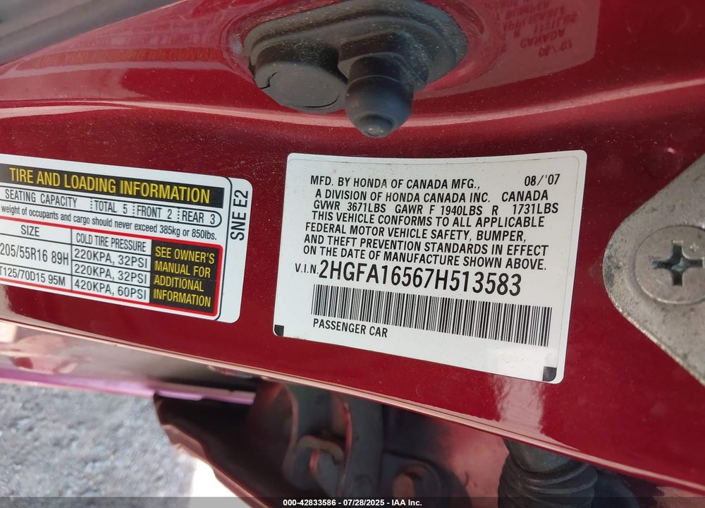 2007 HONDA CIVIC LX VIN: 2HGFA16567H513583
