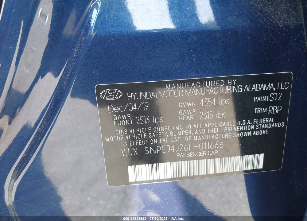 2020 HYUNDAI SONATA VIN: 5NPEJ4J26LH011666