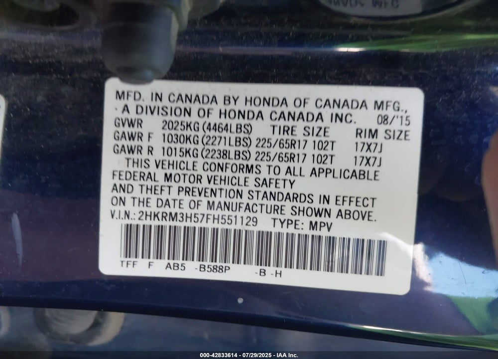2015 HONDA CR-V VIN: 2HKRM3H57FH551129