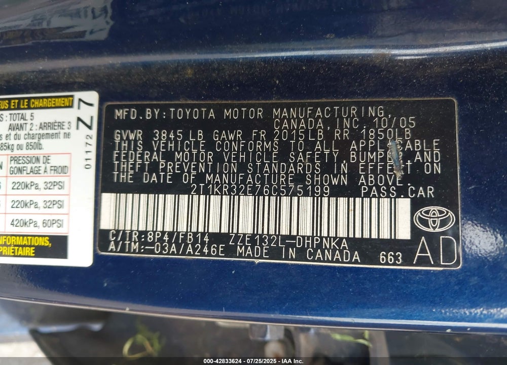 2006 TOYOTA MATRIX VIN: 2T1KR32E76C575199