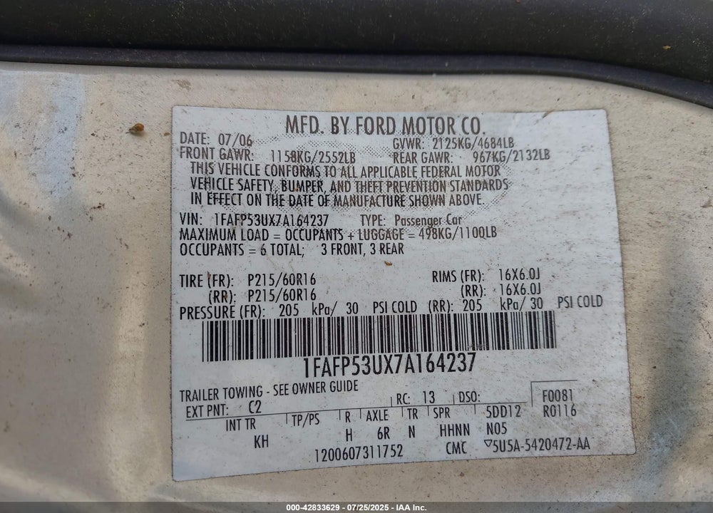 2007 FORD TAURUS VIN: 1FAFP53UX7A164237