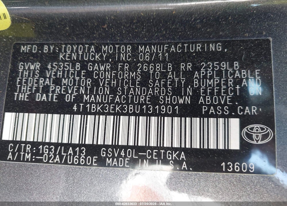 2011 TOYOTA CAMRY VIN: 4T1BK3EK3BU131901