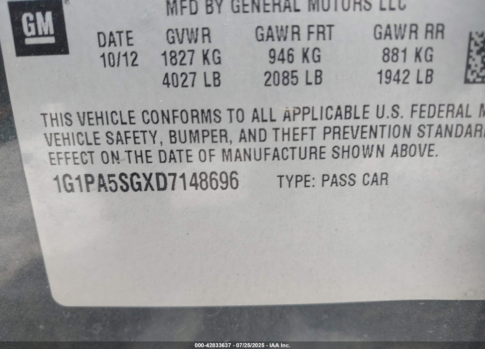 2013 CHEVROLET CRUZE VIN: 1G1PA5SGXD7148696