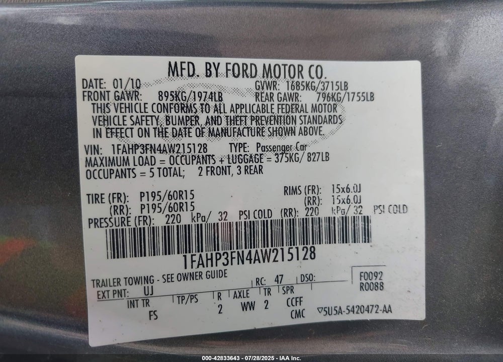 2010 FORD FOCUS VIN: 1FAHP3FN4AW215128