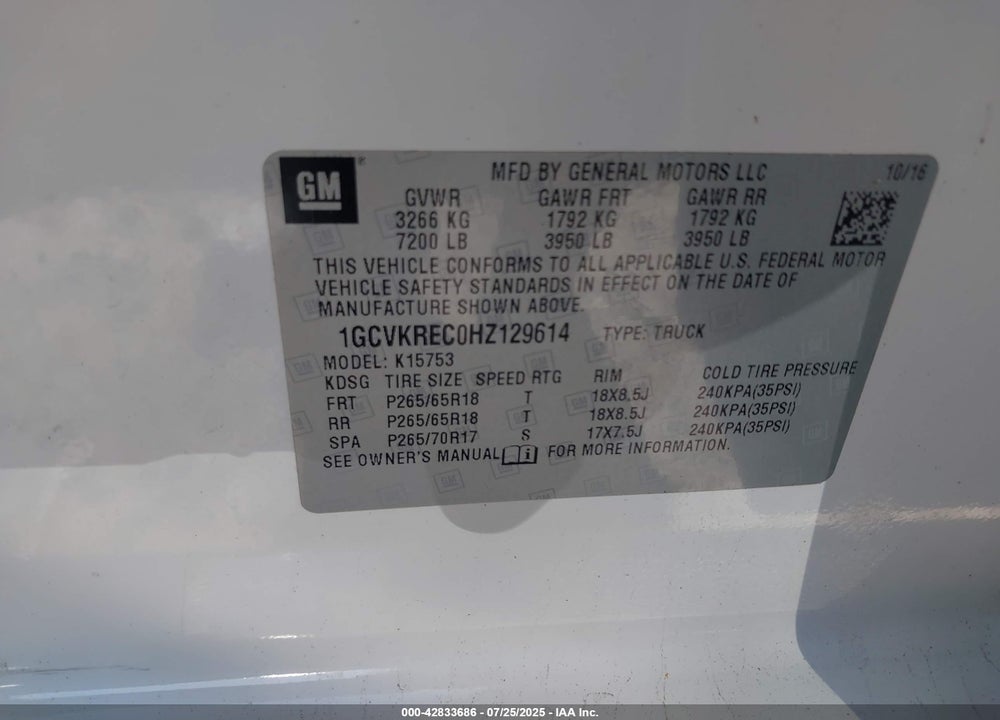 2017 CHEVROLET SILVERADO 1500 1LT VIN: 1GCVKREC0HZ129614
