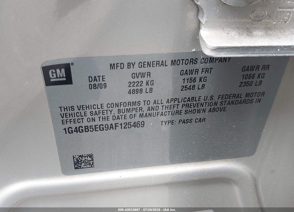 2010 BUICK LACROSSE VIN: 1G4GB5EG9AF125469