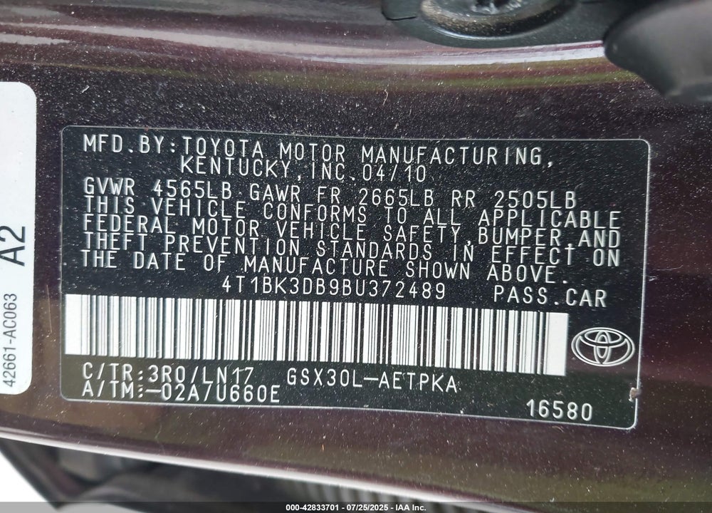 2011 TOYOTA AVALON VIN: 4T1BK3DB9BU372489