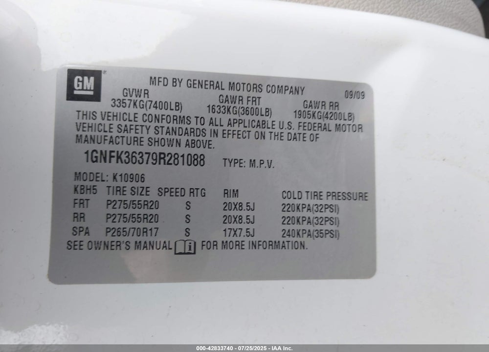 2009 CHEVROLET SUBURBAN 1500 LTZ VIN: 1GNFK36379R281088