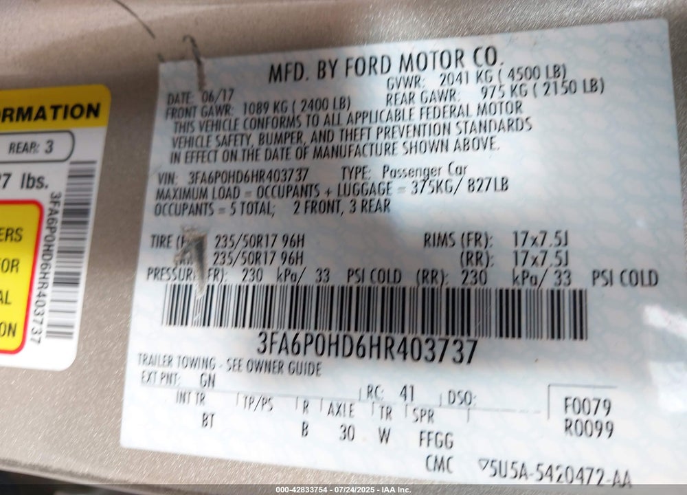 2017 FORD FUSION SE VIN: 3FA6P0HD6HR403737