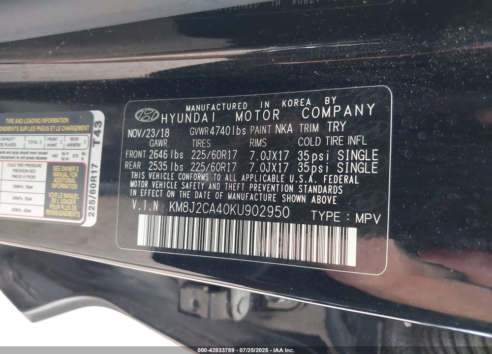 2019 HYUNDAI TUCSON VIN: KM8J2CA40KU902950