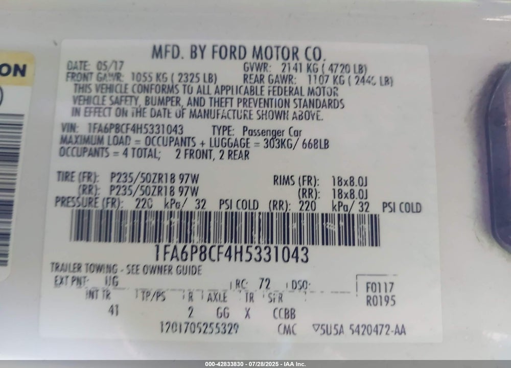 2017 FORD MUSTANG VIN: 1FA6P8CF4H5331043
