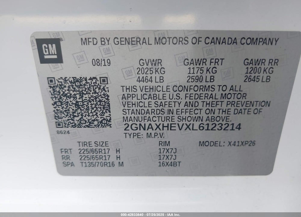 2020 CHEVROLET EQUINOX FWD LS VIN: 2GNAXHEVXL6123214