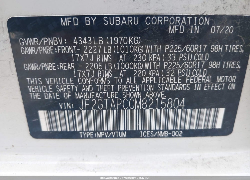 2021 SUBARU CROSSTREK VIN: JF2GTAPC0M8215804
