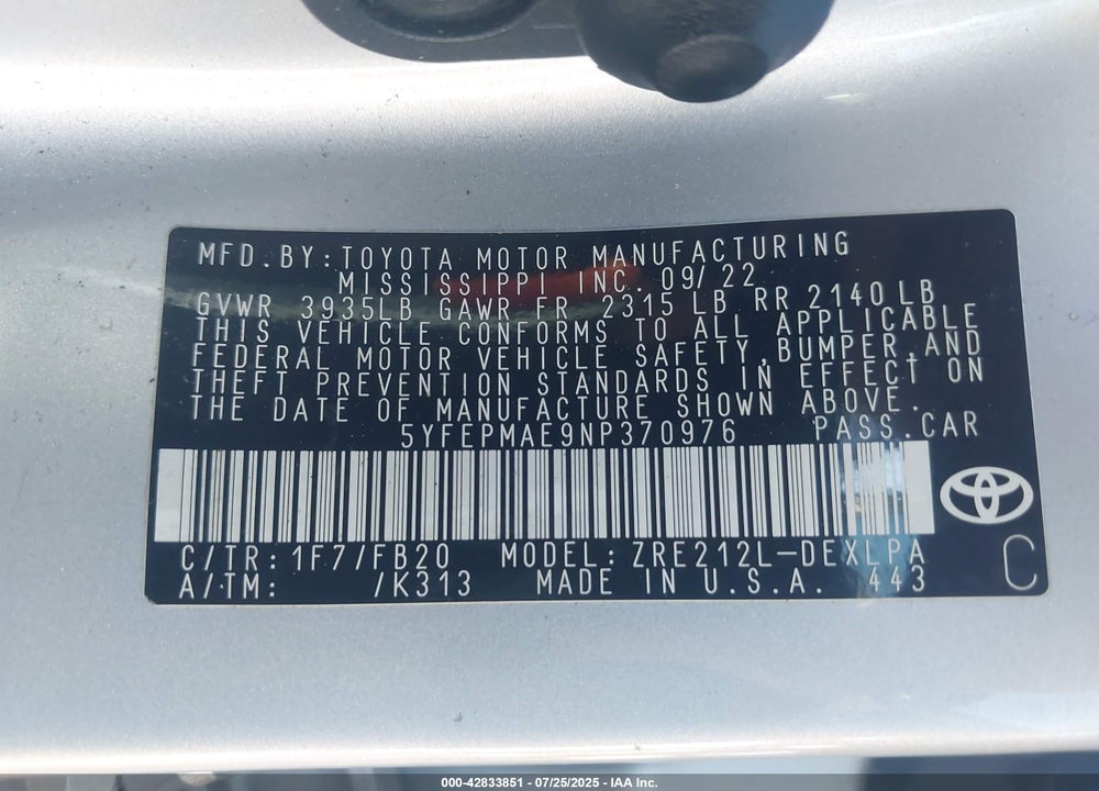2022 TOYOTA COROLLA VIN: 5YFEPMAE9NP370976