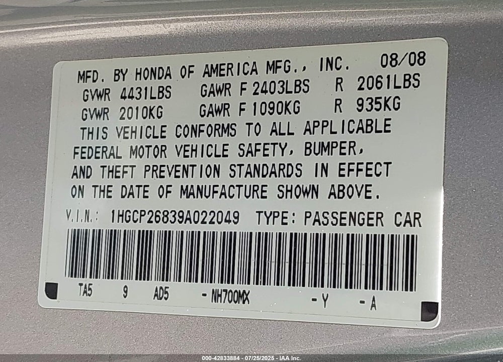 2009 HONDA ACCORD VIN: 1HGCP26839A022049