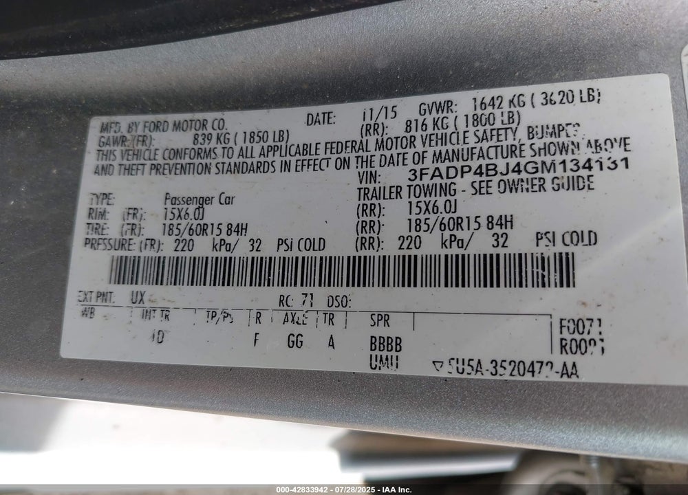 2016 FORD FIESTA VIN: 3FADP4BJ4GM134131
