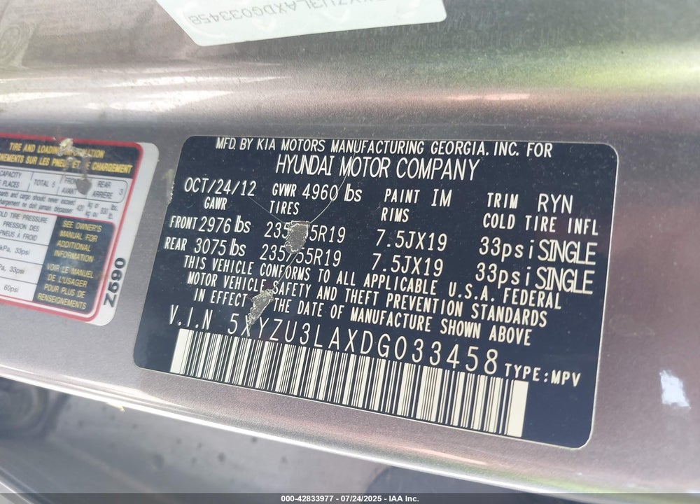 2013 HYUNDAI SANTA FE VIN: 5XYZU3LAXDG033458