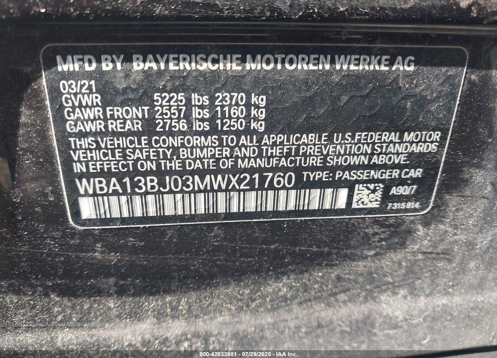 2021 BMW 5 SERIES VIN: WBA13BJ03MWX21760