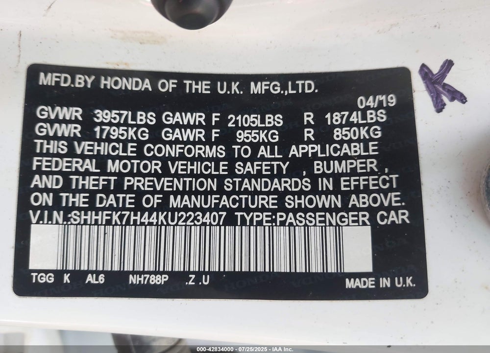 2019 HONDA CIVIC VIN: SHHFK7H44KU223407