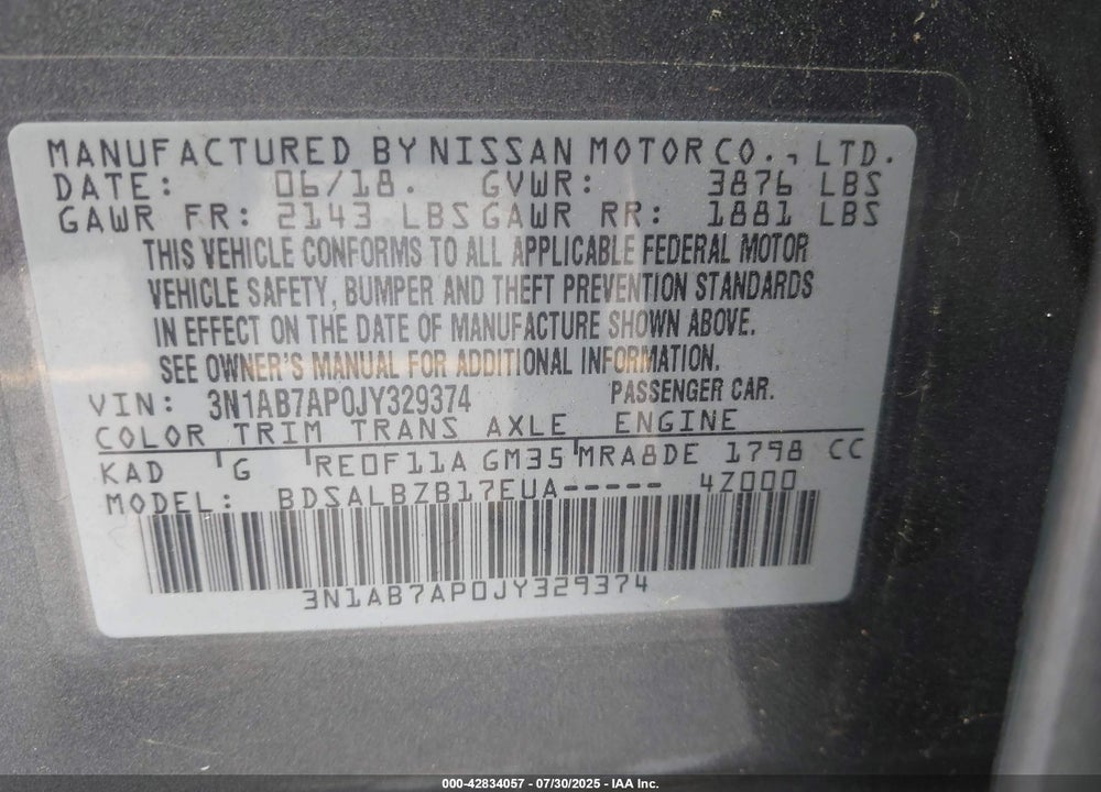 2018 NISSAN SENTRA VIN: 3N1AB7AP0JY329374