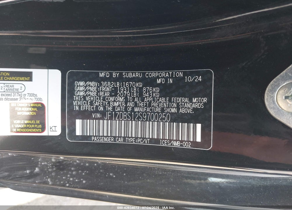 2025 SUBARU BRZ VIN: JF1ZDBS12S9700250