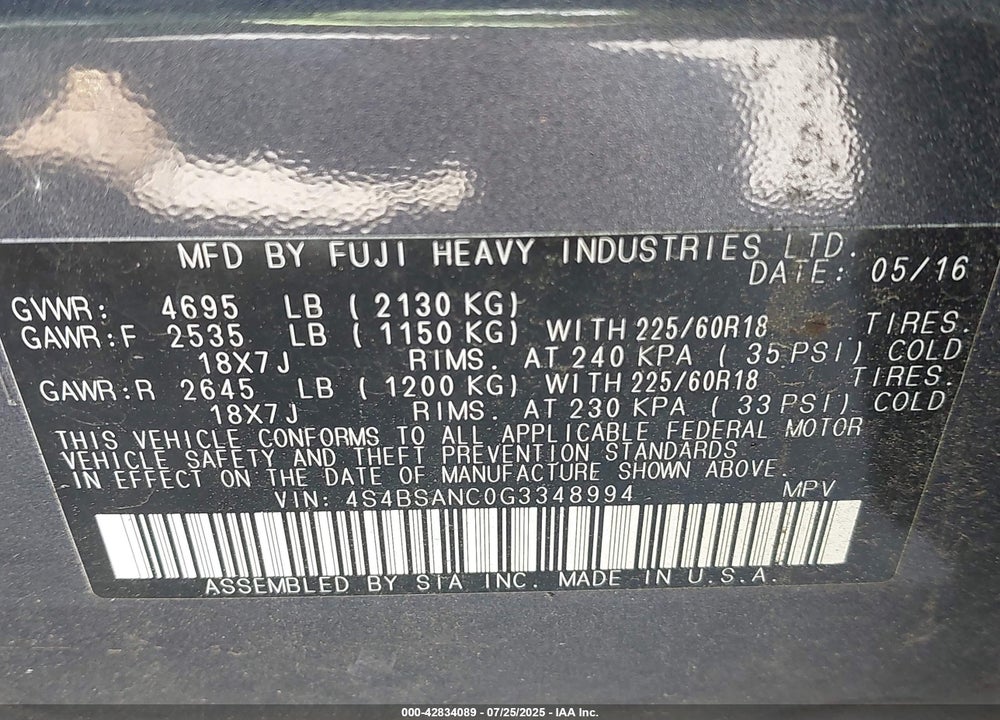 2016 SUBARU OUTBACK VIN: 4S4BSANC0G3348994
