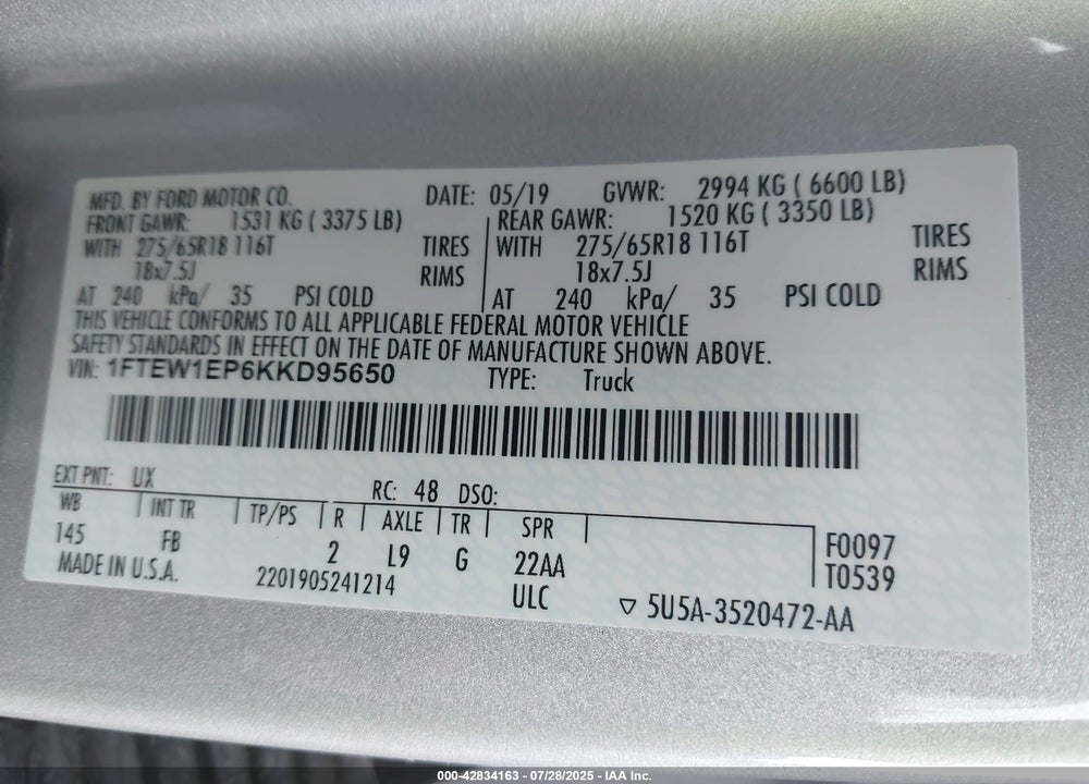 2019 FORD F-150 VIN: 1FTEW1EP6KKD95650