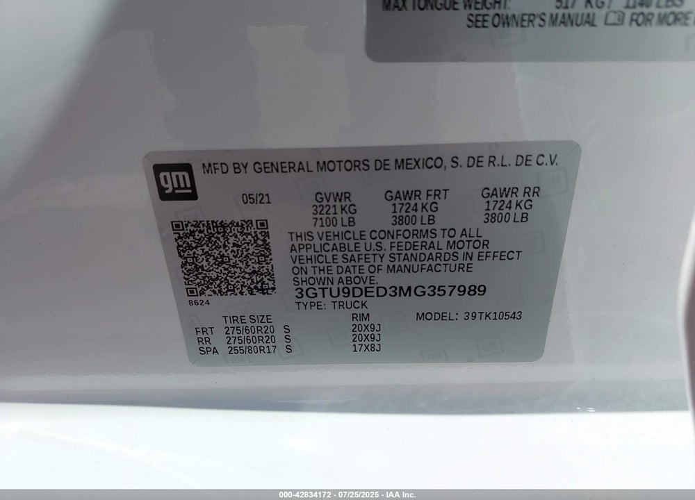 2021 GMC SIERRA 1500 4WD SHORT BOX SLT VIN: 3GTU9DED3MG357989