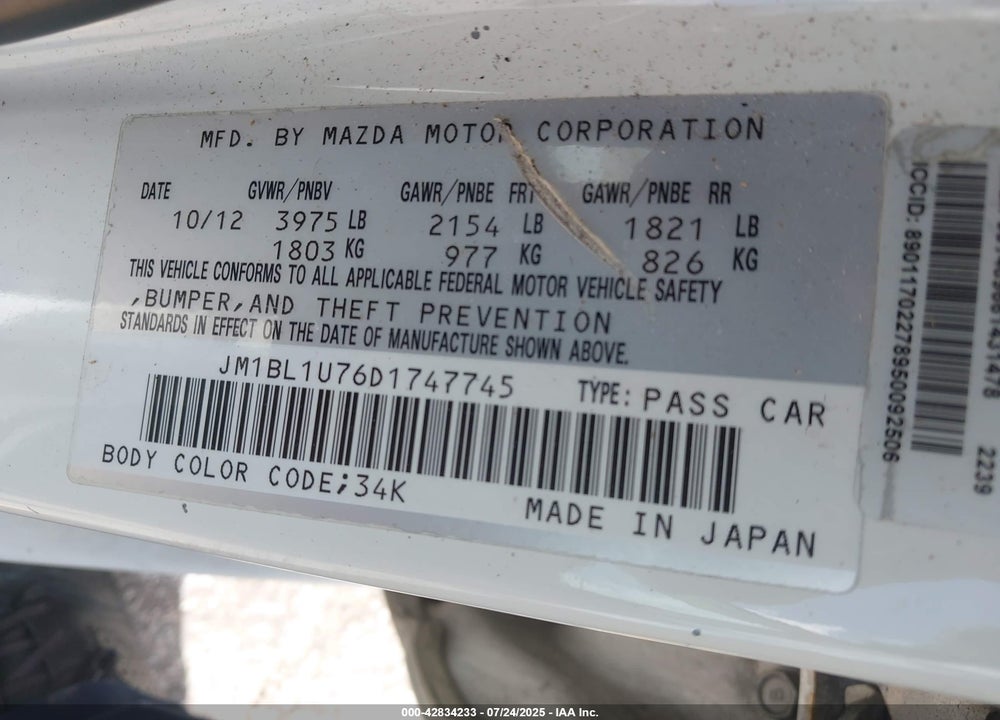 2013 MAZDA 3 VIN: JM1BL1U76D1747745