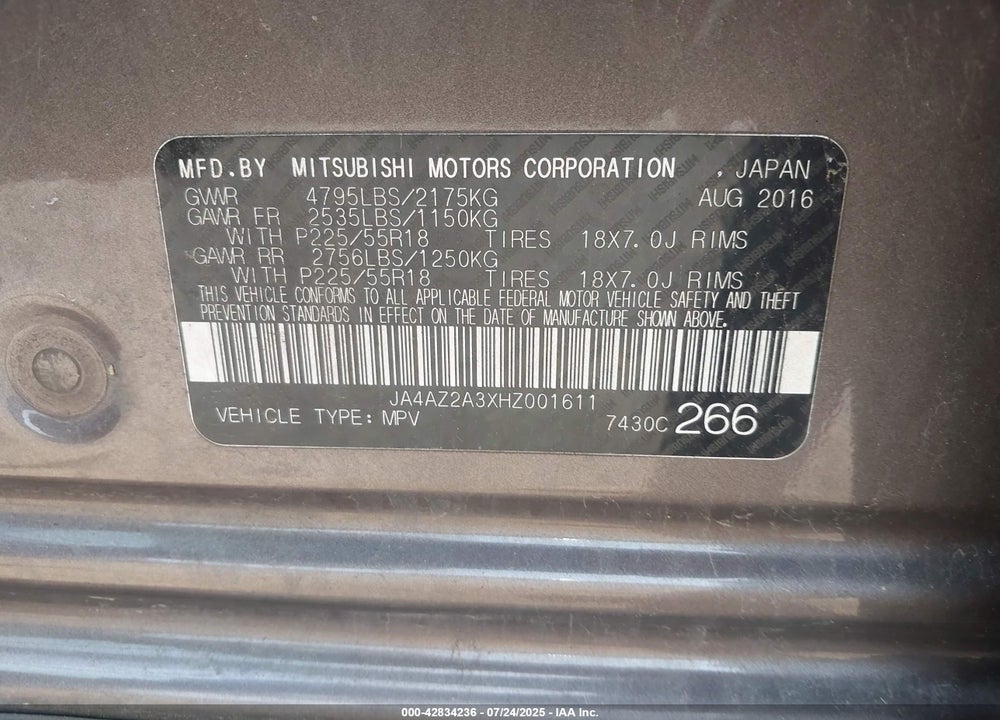 2017 MITSUBISHI OUTLANDER VIN: JA4AZ2A3XHZ001611